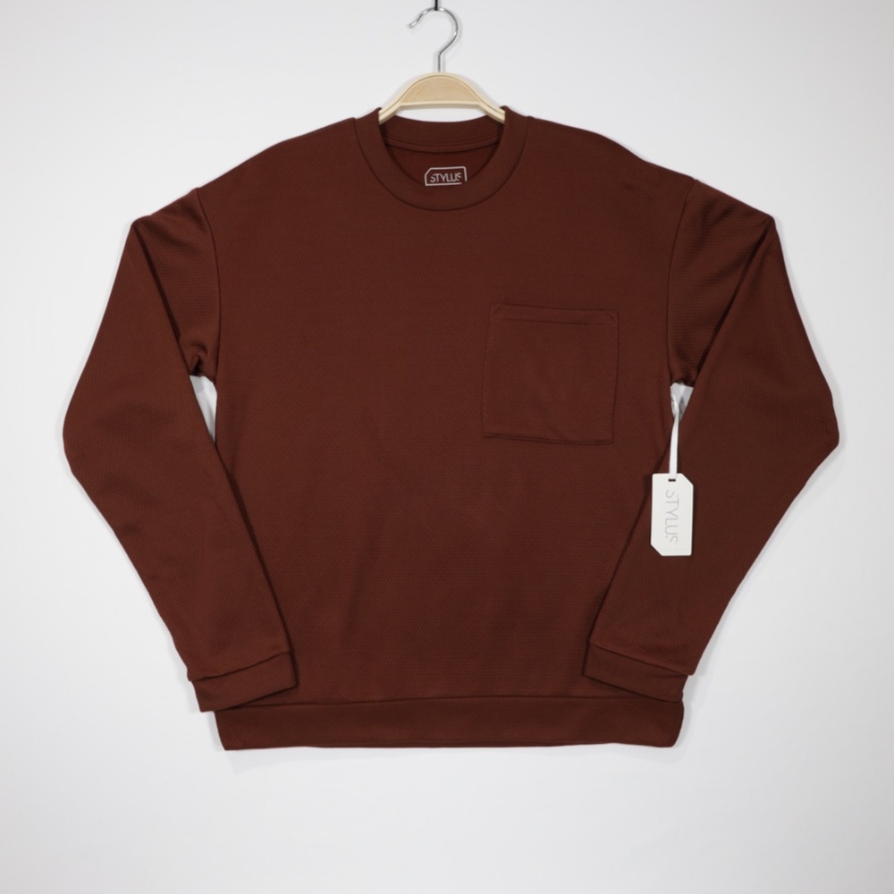 Stylus Men's Crew‎ Neck Long Sleeve Pocket Fleece Sweatshirt Burgundy Size Small